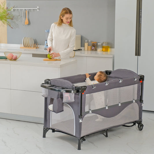 Baby Bassinet Bedside Crib, Pack and Play with Mattress, Diaper Changer and Playards from Newborn to Toddles